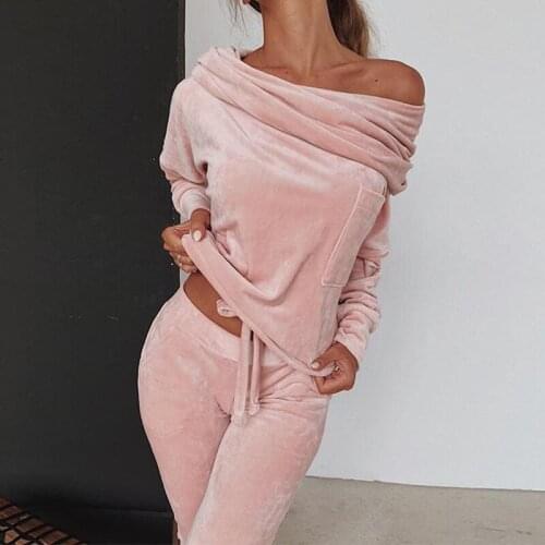 2020 Velvet Pink 2 Piece Set Tracksuit for Women Outfits Top and Pants Pants Suit Off Shoulder Matching Loose Warm Clothes