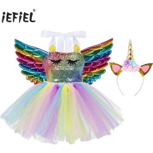 Shiny Sequins Girls Tutu Dress Carnival Cosplay Party Costume Dress Colorful Cute Cartoon Halter Neck Dress with Hair Hoop Wings