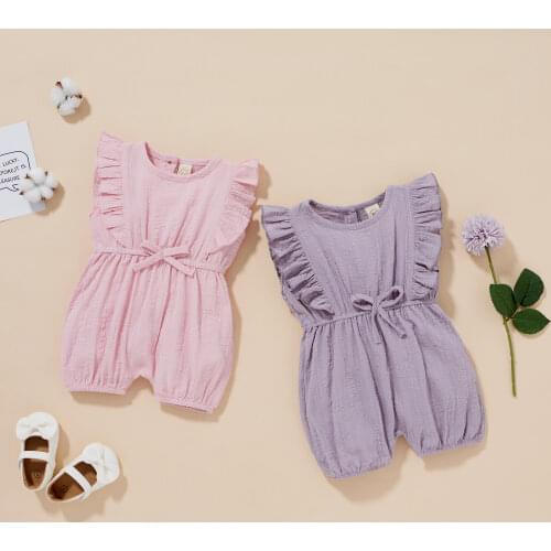 Cotton Collar Ruffle Sleeveless Clothes Toddler Infant Kids Playsuit Casual Baby Girls Summer Overalls Romper Solid Color Round