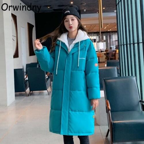 Orwindny Students Long Coat Women Winter Warm Parkas Hooded Loose Fashion Letter Hat Rope Snow Wear Jackets Female High Street