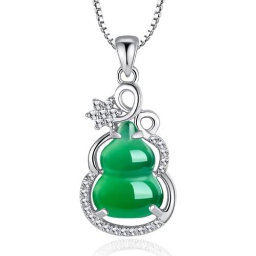 FYJS Unique Anniversary Gift Copper Alloy Gourd Shape Pendant with Zircon Necklace Green Agates Jewelry