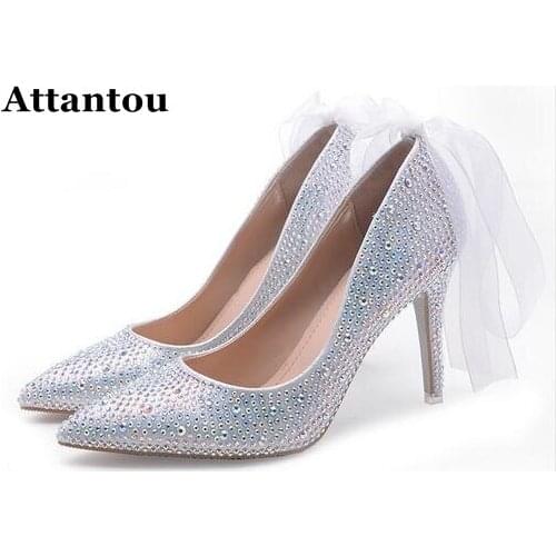 Exquisite Ribbons Rhinestone Women High Heels Pumps beautiful Pointed Toe Stiletto Heels Wedding Banquet Shoes Red Silver