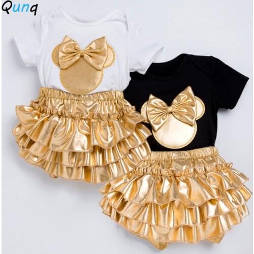 High Quality Baby Girls Clothes Golden Headband Bodysuits Shorts 3pcs Newborns Suits 1 Year Birthday Party Set Infant Costume