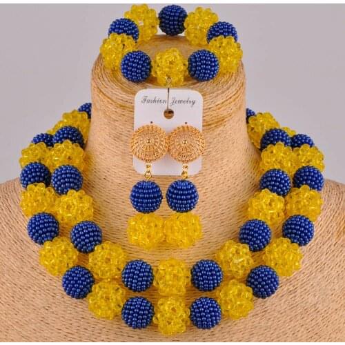 Royal blue and yellow african jewelry set nigerian beads costume necklace FZZ94