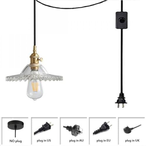 Small Glass Pendant Light Plug In Cord, Hanging Ceiling Fixture, Gold Metal Lamp Holder & Clear Glass Shade Pendant Lighting