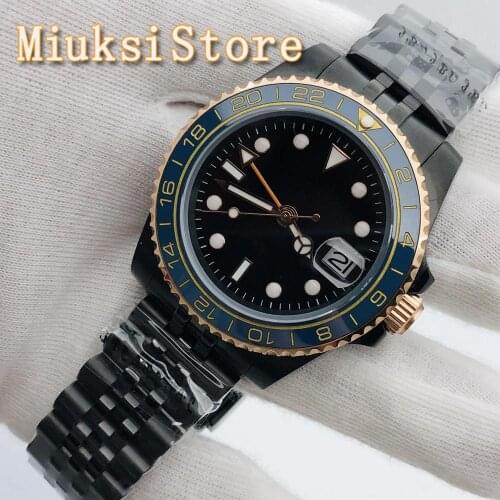 40mm BLIGER Black PVD Case Sapphire Glass Ceramic Bezel Black Sterile Dial Date Waterproof Mens Top Luxury GMT Automatic Watch