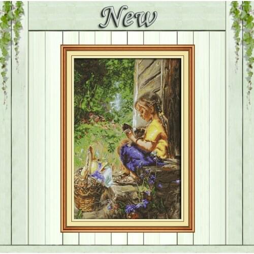 Girl and kitten diy decor paintings counted printed on canvas DMC 11CT 14CT kits Chinese Cross Stitch embroidery needlework Sets