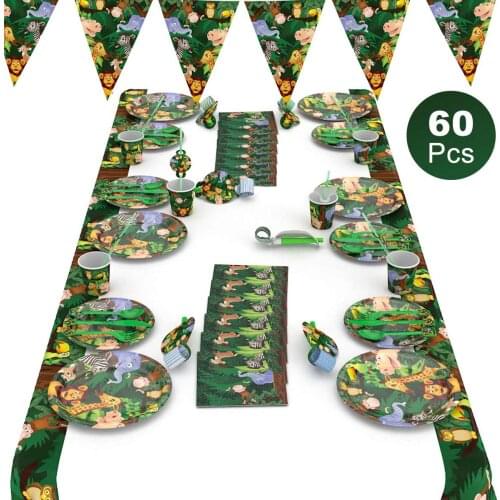 Cartoon Jungle Animal Disposable Party Tableware Sets Kids Birthday Safari Party Decor Baby Shower Forest Theme Party Supplies