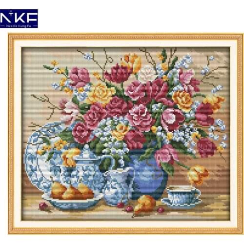 NKF Fruit Plate and Vase Painting Pattern Chinese Cross Stitch Kits Needlework Embroidery Set Cross-stitch Kit