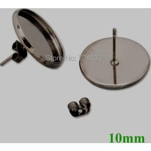 10mm New Gunmetal Black tone Blank Bases Round Bezel Pin Stud Earrings Post w/ Stopper Earring Settings Findings Wholesale