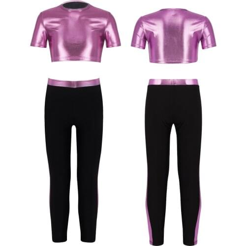 6-14Y Girls Hip-Hop Dance Sets Short Sleeves Crop Top and Pants Children Jazz Dance Ballet Gymnastics Casual Dance Outfits