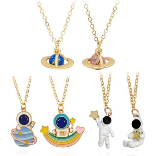 Cute Astronauts Stellar Planet Pendant Necklace Pink Blue Planet Stars Asymmetry Jewelry Collar Necklaces for Best friend Gift