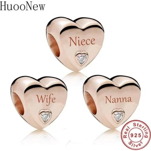 Fit Original Brand Charm Bracelet 100% 925 Sterling Silver Rose Gold Heart Mum Grandma Niece Bead For Making Berloque 2020 New