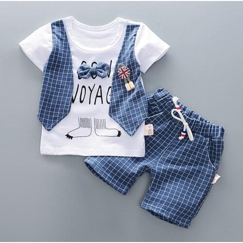 Popodion Baby Kids Clothes Cartoon Plaid Short-Sleeved Shorts Two-Piece Suit CHD20443