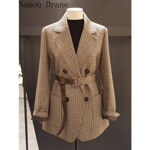 2020 Spring and Autumn Korean Style Houndstooth Design Woolen Retro Small Suit plus Cotton Padded Lace-up Jacket Womens Shirt