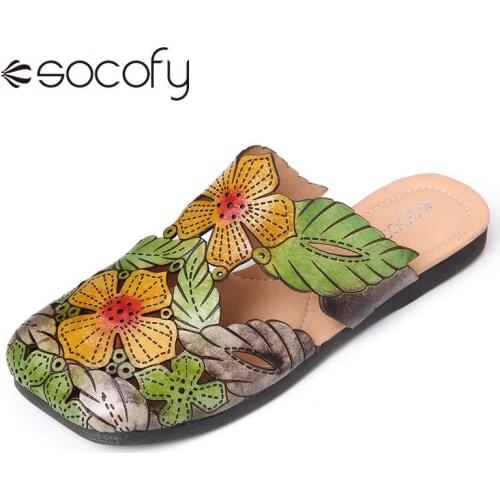 SOCOFY Womens Bohemia Leather Shoes Retro Style Floral Leaves Splicing Square Toe Flat Slippers Outdoor Beach Mules Shoes 2020
