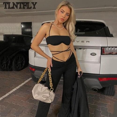 TLNTFLY Sexy Bandage Backless Pant Sets Halter 2 Piece Set Sleeveless Womens Set Fashion Outfits Matching Set Flare Pants