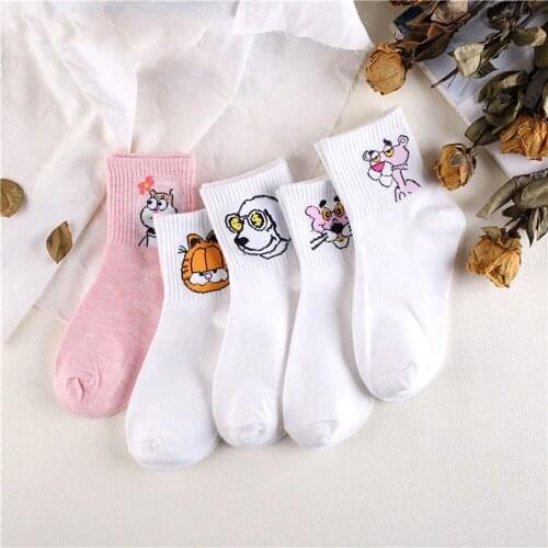 Japanese Kawaii Women Animals Cartoon Tube Socks Cute Egg Rabbit Panther Cotton Long Socks Female and Ladies Pink Milk White Sox