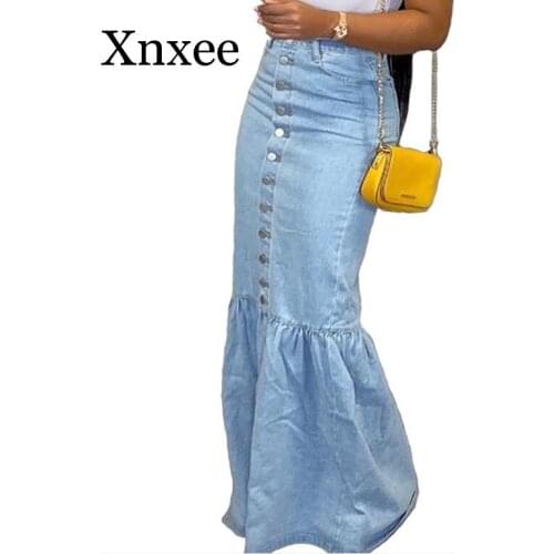 Blue Casual High Waist Long Denim Skirt Women Elegant Front Button Maxi Jean Skirt Ladies Light Blue Ruched Skirt plus size