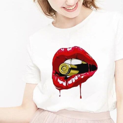 ZOGANKIN Women T Shirts Red Mouth Lip Lovely Print Tops O-Neck Short Sleeve Woman All-match Cotton Tee Funny Girls Shirt