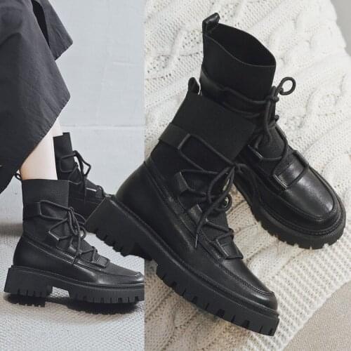 Lace Up knitting stretch boots women chunky heels thicken soled real leather riding botas mid-calf slim sock bottine femme 2021
