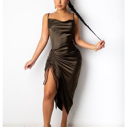 New Arrival Spring Summer Women Sexy Dresses Knee Length Ruched Long Elegant Fashion Satin Dress Pleated V Neck Backless