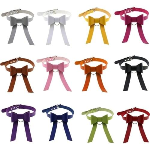 Gothic Punk Women Faux Leather Choker Necklace Collar Harajuku Sweet Bowknot Metal Ring Pendant Solid Color Bow Tie