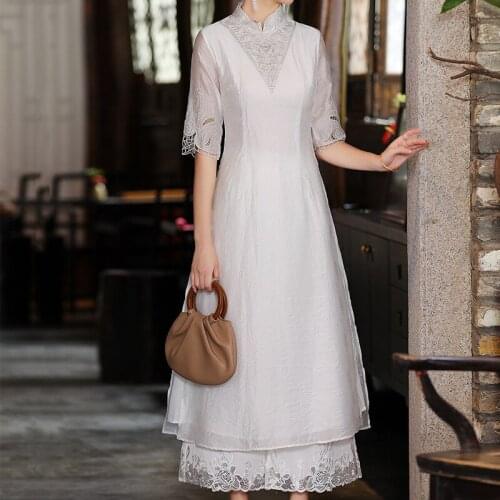 Top Quality Brand Chinese Dress 2021 Autumn Vintage Party Women Hollow Out Embroidery Half Sleeve Mid-Calf White Blue Dress XXL
