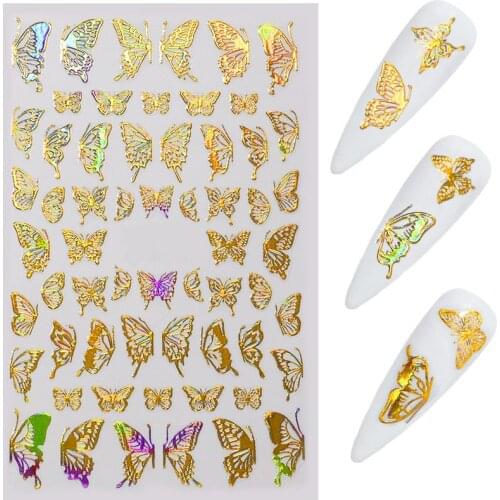 1pc Holographic 3D Butterfly Nail Art Stickers Adhesive Sliders Colorful DIY Golden Nail Transfer Decals Foils Wraps Decorations