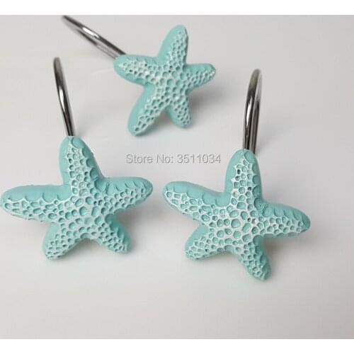 1bag 12pcs Resin blue color starfish shower curtain hanger blue Neptune curtain hook curtain accessory