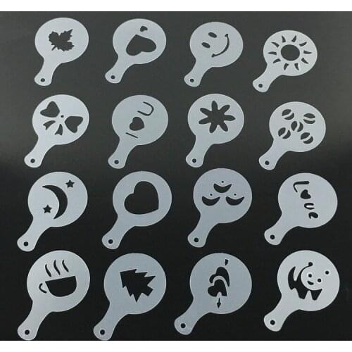 16pcs Creative Coffee Drawing Cappuccino Mold Fancy Coffee Printing Model Foam Spray Cake Stencils Powdered Sugar Sieve Tools