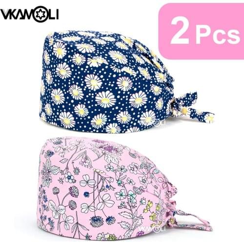 2 piece suit Elastic Adjustable Nurse Scrubs hats Unisex Printing scrubs caps tooth clinic work Hats cotton Pet club scrubs hat