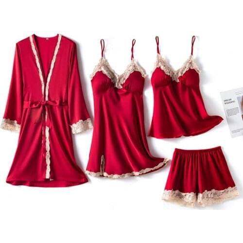 4PCS Womens Lace Pajamas Sets Bride Wedding Sleepwear Sleep Suit Sexy Strap Top&Shorts Lounge Satin Pyjamas Spring Nightwear