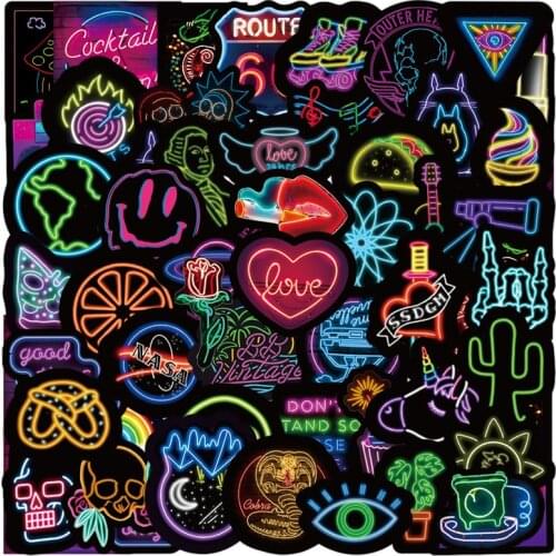 50pcs/set PCS Neon Light Stickers Neon Light PVC Waterproof Graffiti Stickers For Skateboard Suitcase Laptop Luggage Guitar Car