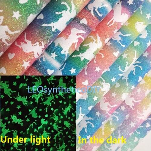 1PC 21X29CM Glitter Fabirc, Unicorn Glows in the Dark Glitter Leather Sheets For Making Bows LEOsyntheticoDIY T400A