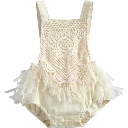 Baby Girl’s Fashion Suspender Jumpsuits Sweet Solid Color Lace Tassel Backless Lace-Up Triangle Romper
