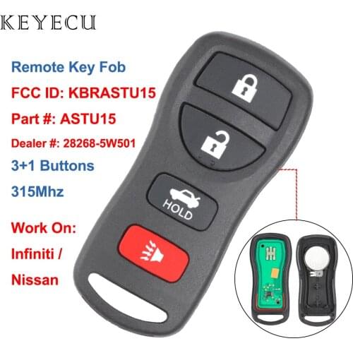 Keyecu Keyless Entry Remote Car Key Fob 4 Buttons 315MHZ for Infiniti EX35 FX35 Q45 for Nissan Maxima Armada Altima, KBRASTU15