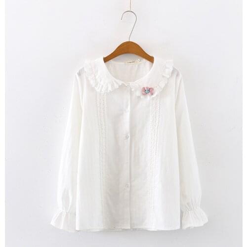 Korean Style Student Womens Tops and Blouses Lolita Peter Pan Collar Button Lace Blouse Teen Girl Floral Long Sleeve White Shirt