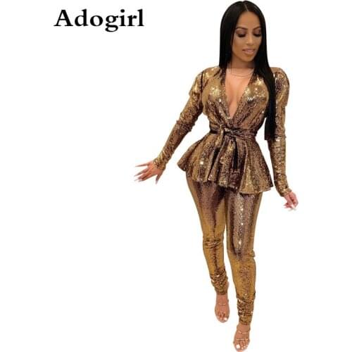2020 Spring Business Suit Ruffles Sequins Gilding Two Piece Set Long Sleeve Ruffle Blazer Jacket Top with Belt+ Pencil Pants