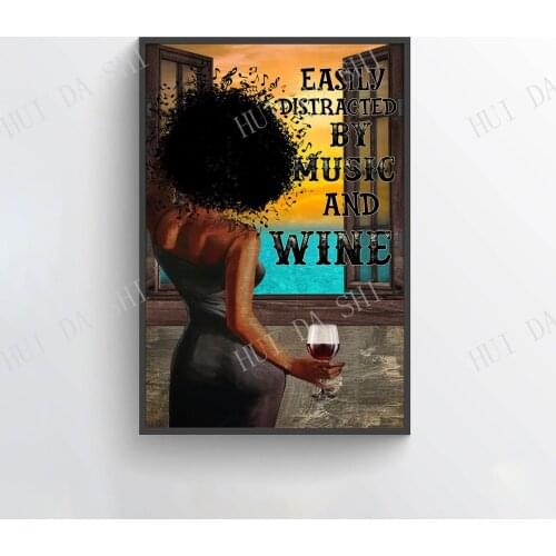 Music Poster - Easily Distracted By Music and Wine, Pot Head Music Notes Art Prints, Beach Lovers Wall Art, Girl Drinks Wine