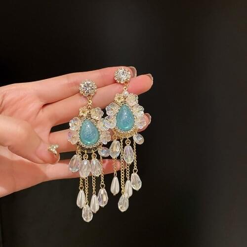 Handmade luxury rhinestone -set zircon crystal purple flower drop tassel fairy earrings