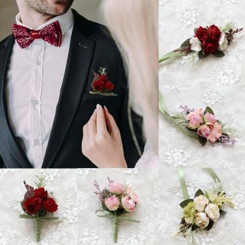 Artificial Flowers Handmade Corsage and Boutonniere Set Wedding Groom Brooches Bridesmaid Wrist Flowers Wedding Accessories