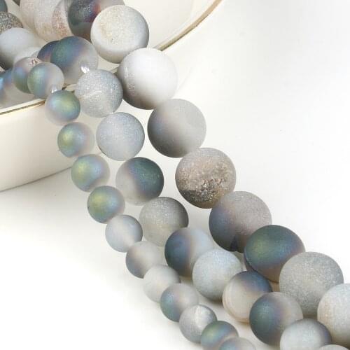 Natural Stone Matte Polished Gray Metallic Coated Druzy Agates Loose Beads for Jewelry Making DIY Bracelet Necklace 6 8 10mm