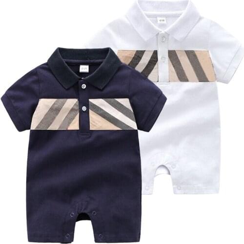 New arrival Summer fashion brand style newborn baby clothes pure cotton short-sleeved plaid striped baby boy and girl romper