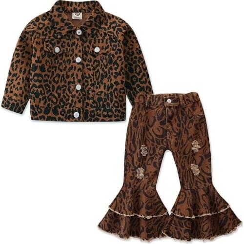 Baby Clothes Girl Set Toddler Girl Outfits Kids Clothing Sets Leopard Denim Top + Ripped Flare Jeans Fashion Two-Piece Suit