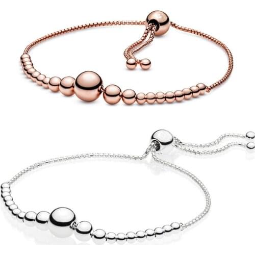 Original Rose & Silver String Of Beads Sliding Adjust Bracelet Bangle Fit 925 Sterling Silver Bead Charm Diy Pandora Jewelry