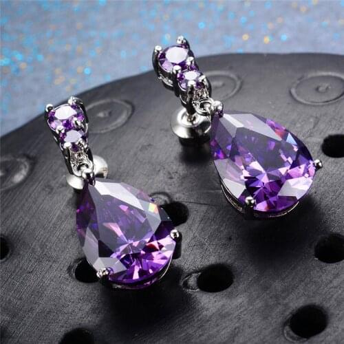 Luxury Water Drop Earrings Colour Gem Purple Zircon Cocktail Party Women Crystal Dangle Drop Earrings Wedding Band Women Jewelry