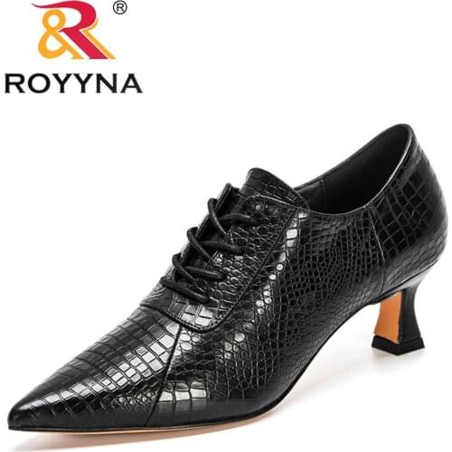 ROYYNA 2021 New Designers Lace Up High Heels Pointed Toe Dress Shoes Women Genuine Leather Office Dress Shoes Black Botas Mujer
