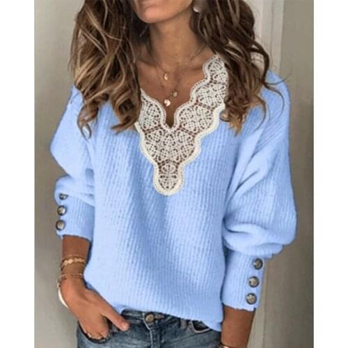 Women Lace Patchwork Sweaters Autumn Knit Pullovers Elegant Winter Sexy V Neck Knitted Sweater Tops Jumpers