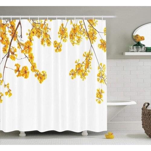 Yellow Shower Curtain Flower Tree Branches Bloom Blossoming in Spring Garden Sun Rays Nature Theme Home Fabric Bathroom Decor Se